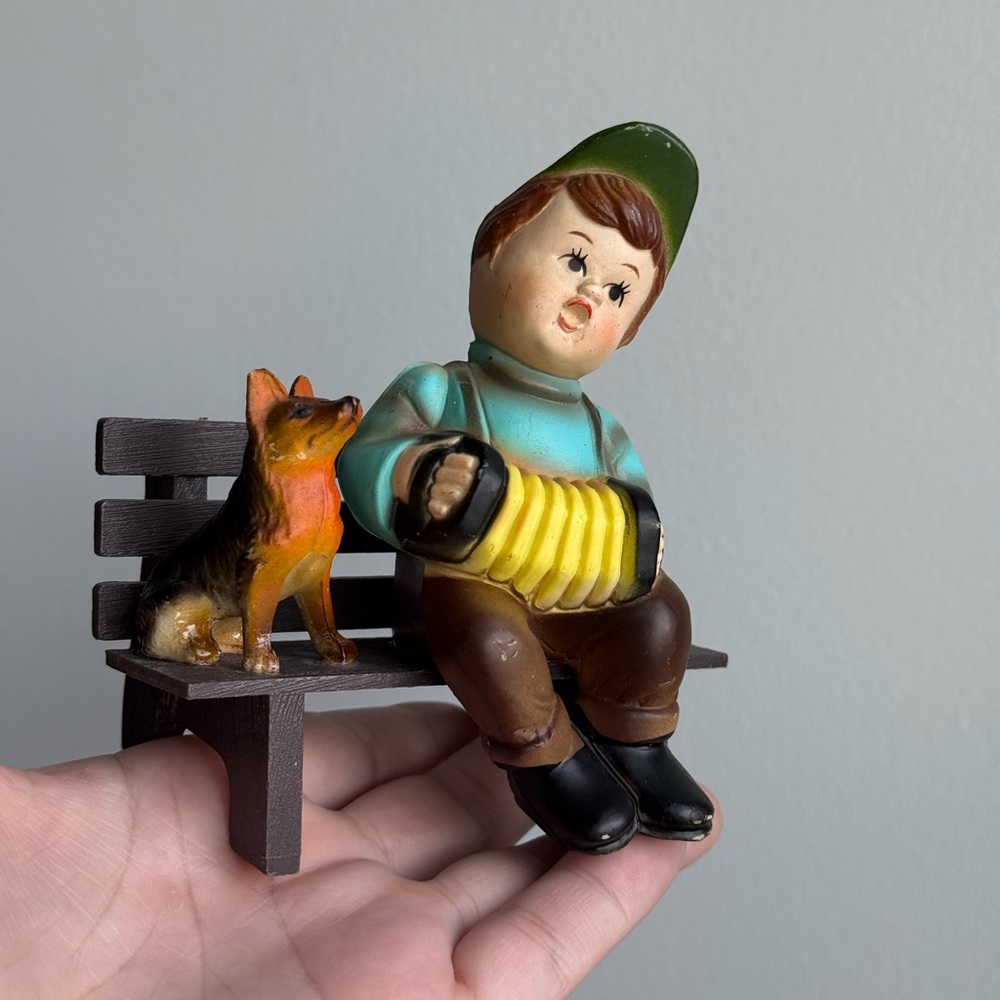 Vintage Rare Goebel Hummel Figurine Bench German Shepherd Singing Accordion Boy